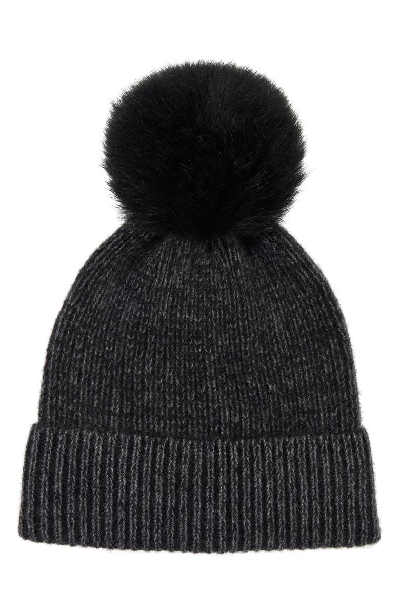 Amicale Two-Tone Rib Knit Beanie with Genuine Shearling Pom, Main, color, Black/ Black