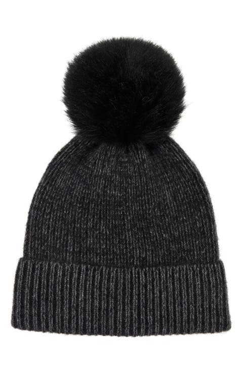 Two-Tone Rib Knit Beanie with Genuine Shearling Pom