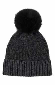 Amicale Two-Tone Rib Knit Beanie with Genuine Shearling Pom