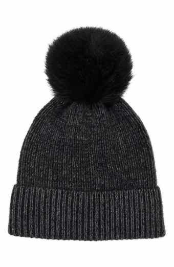 Amicale Two-Tone Rib Knit Beanie with Genuine Shearling Pom