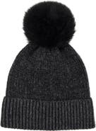 Amicale Two-Tone Rib Knit Beanie with Genuine Shearling Pom