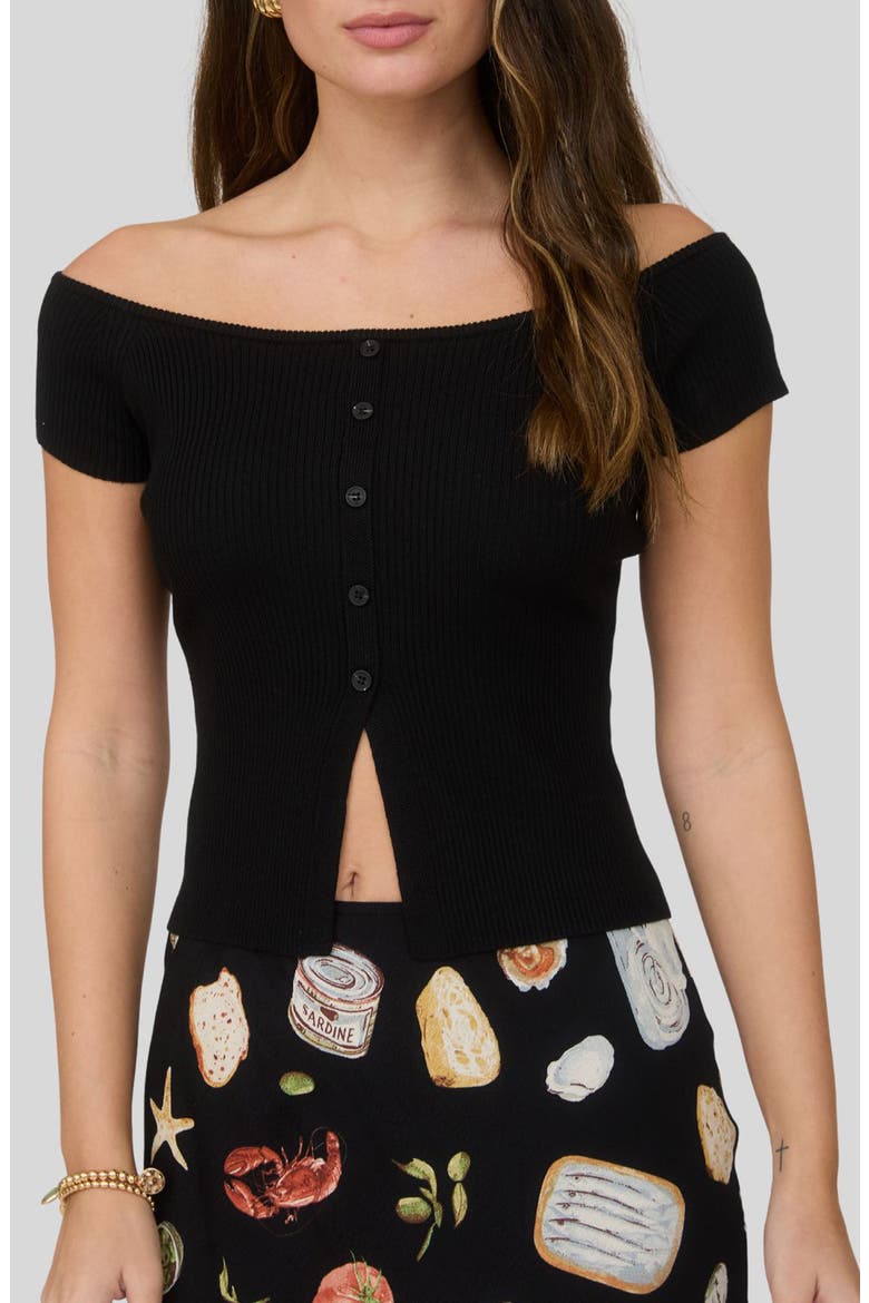Short Sleeve Button Front Rib Knit Top, Main, color, BLACK