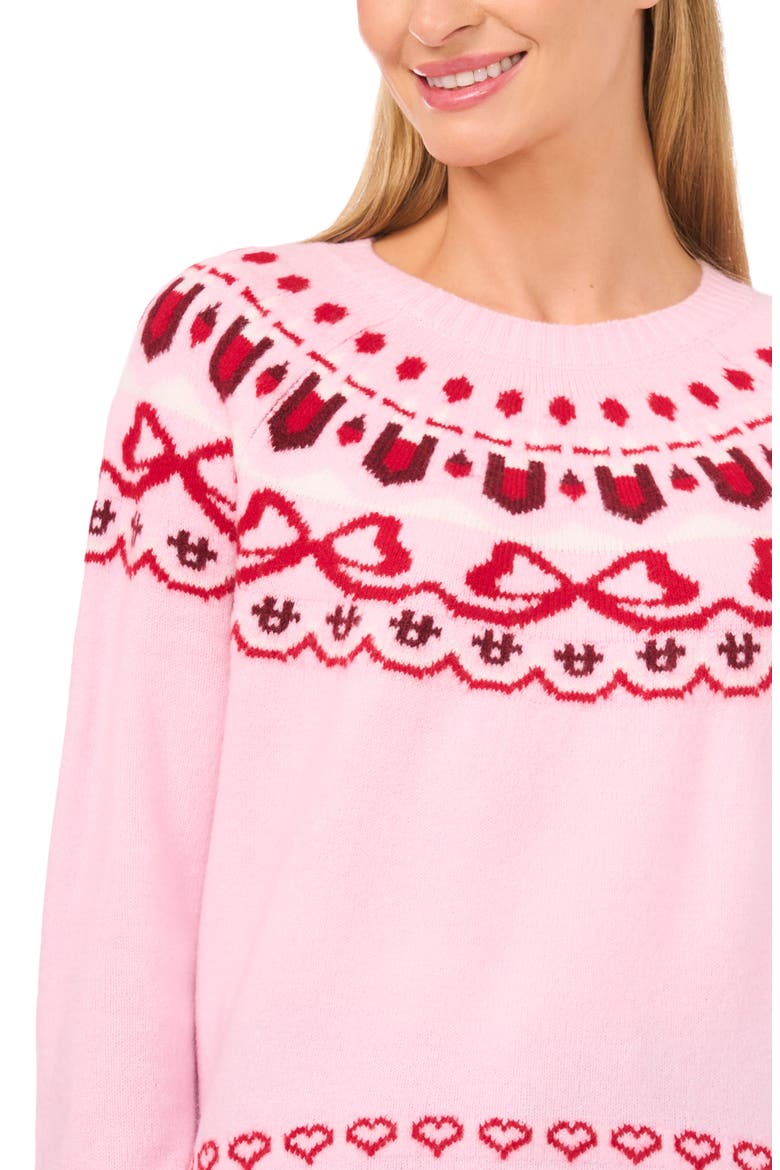 Heart Bow Fair Isle Sweater, Alternate, color, PINK LADY