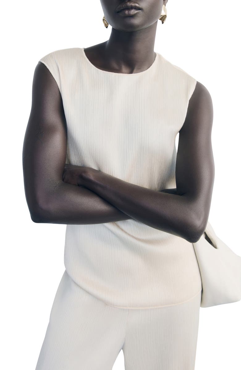 MANGO Plissé Sleeveless Knit Top, Main, color, Ecru