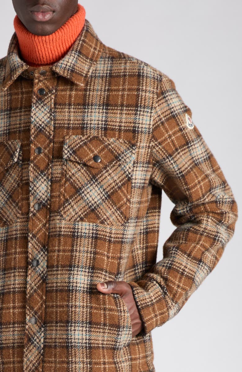 Moncler Plaid Wool Flannel Shirt, Alternate, color, Light Brown