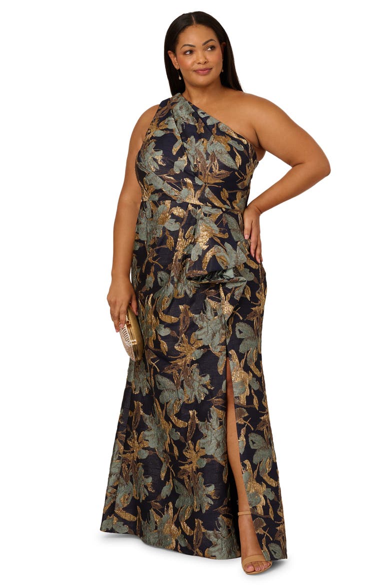 Metallic Floral Jacquard Mermaid Gown, Alternate, color, BLUE/ GOLD
