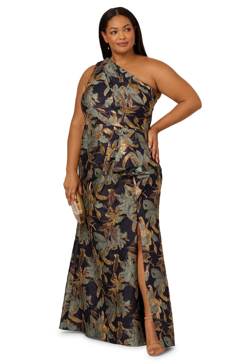 Adrianna Papell Metallic Floral Jacquard Mermaid Gown, Alternate, color, Blue/ Gold