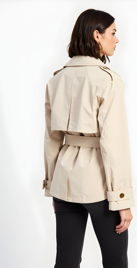 Cropped Double-Breasted Trench Jacket with Waist Tie