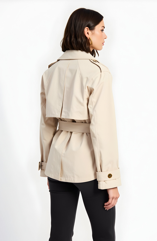 Modenaire Cropped Double-breasted Trench Jacket With Waist Tie In Neutral