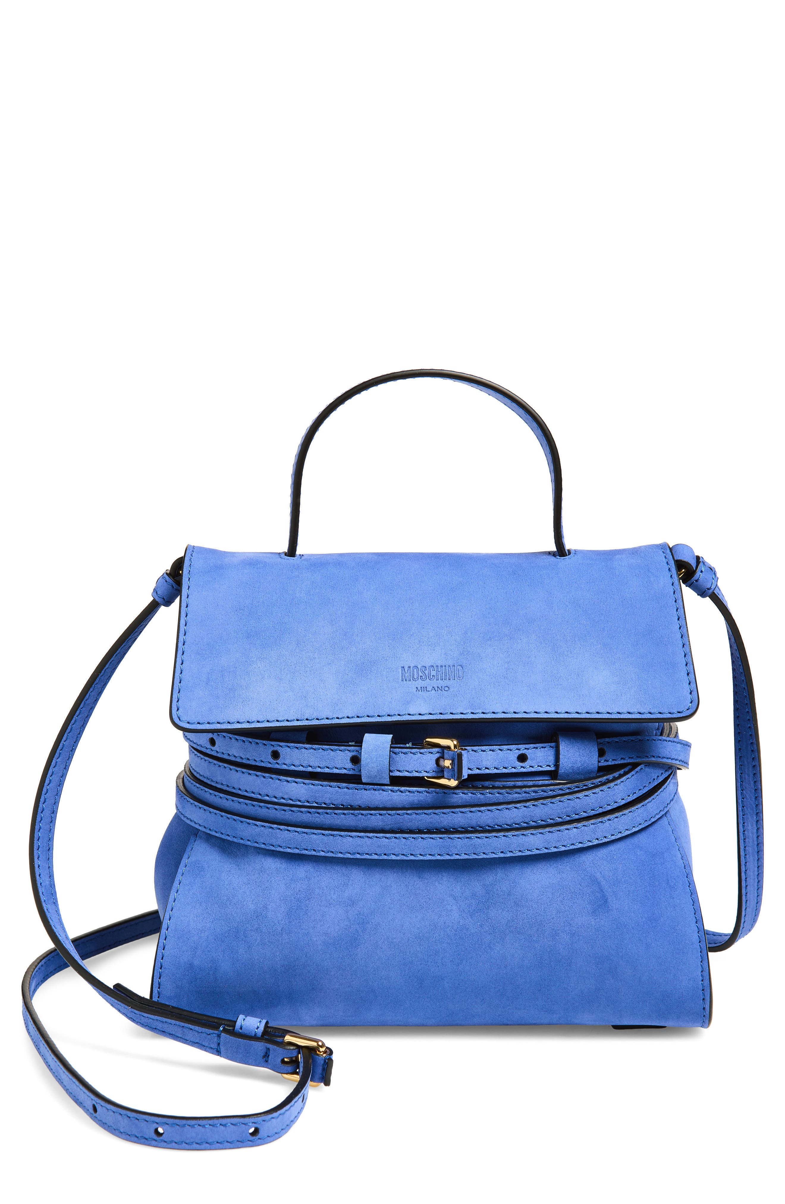 Moschino Tie Me Leather Handbag, Main, color, Klein 71A Of0