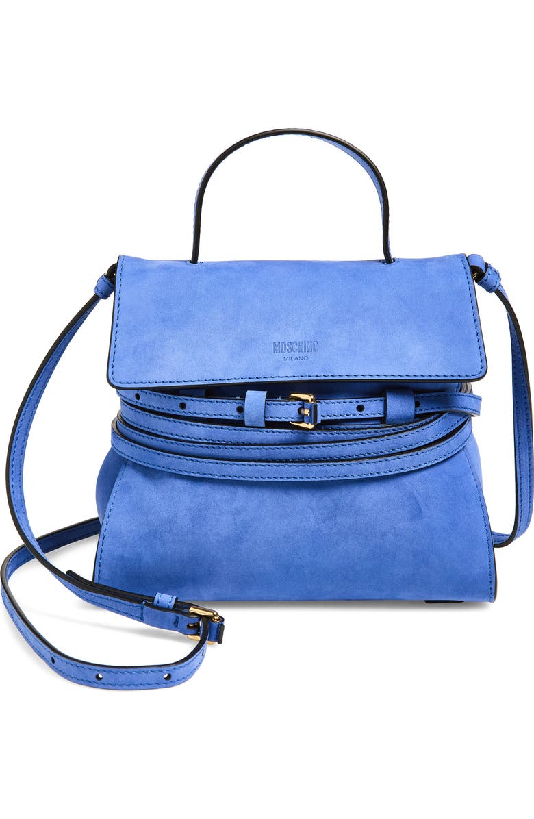 Moschino Tie Me Leather Handbag, Main, color, Klein 71A Of0