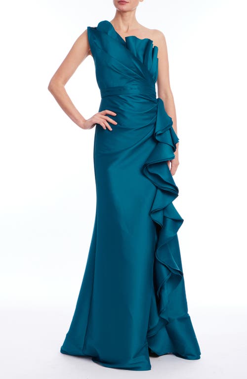 Badgley Mischka Collection Ruffle One-shoulder Mikado Mermaid Gown In Blue