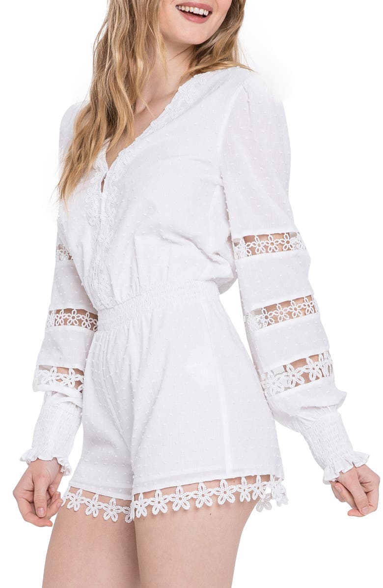 Free the Roses Lace Trim Long Sleeve Cotton Romper, Alternate, color, 