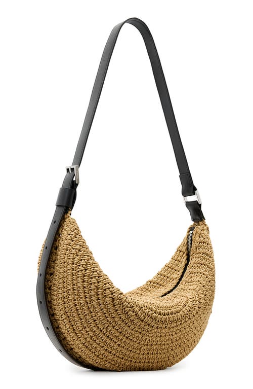 Allsaints Half Moon Straw Textured Shoulder Bag In Natural Brown