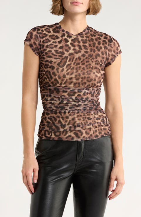 Lacey Cap Sleeve Ruched Mesh Top