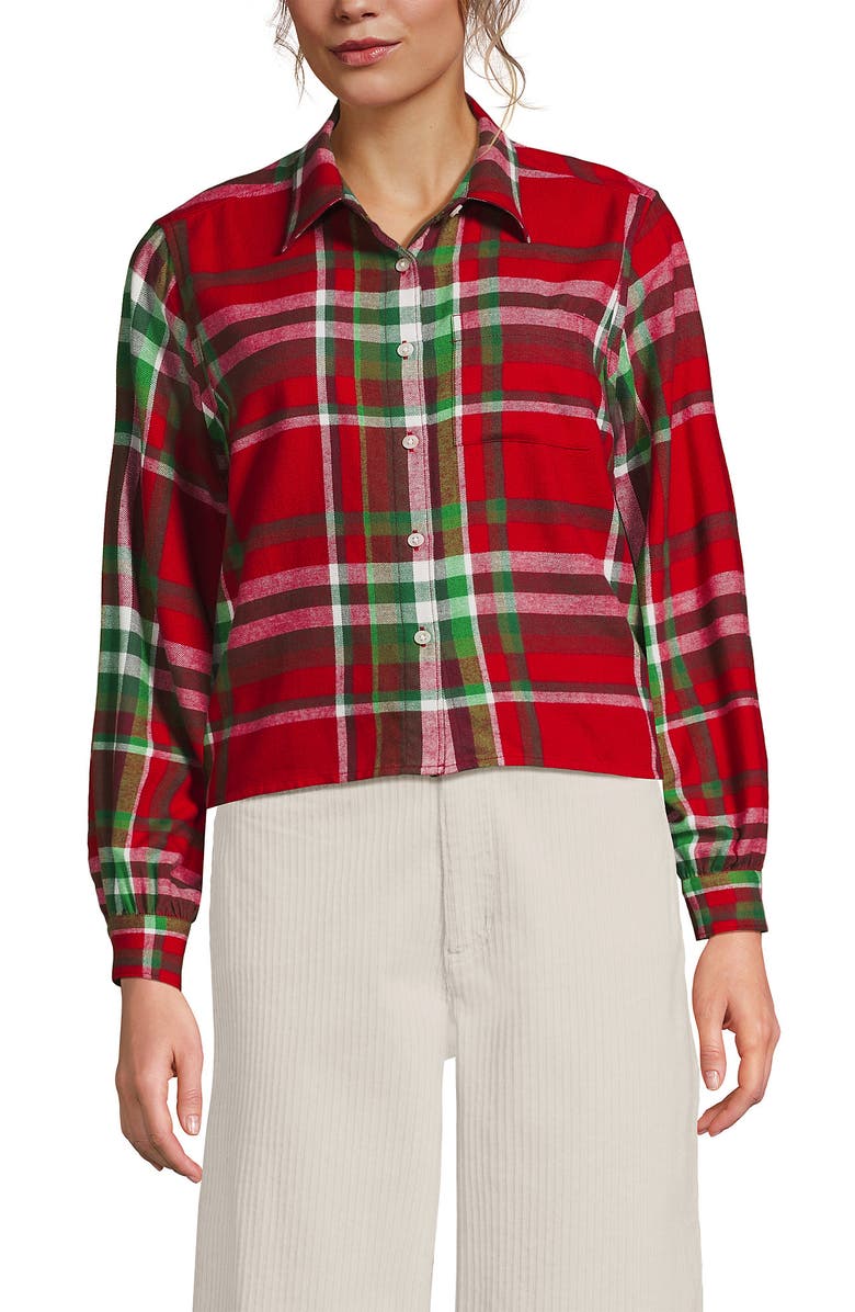 Lands' End Cropped Flannel Shirt, Alternate, color, Compass Red/Emerald Plaid