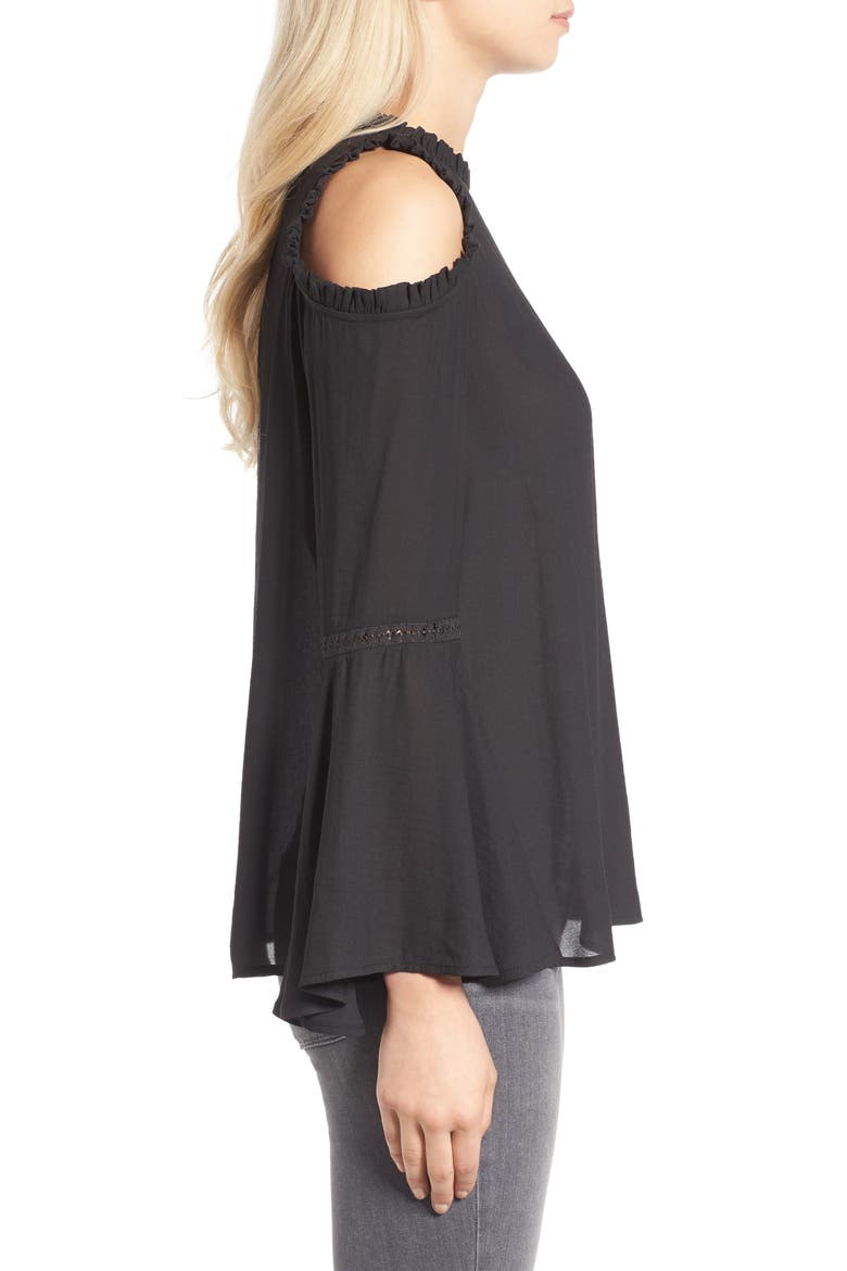 Ruffle Edge Cold Shoulder Blouse, Alternate, color, BLACK