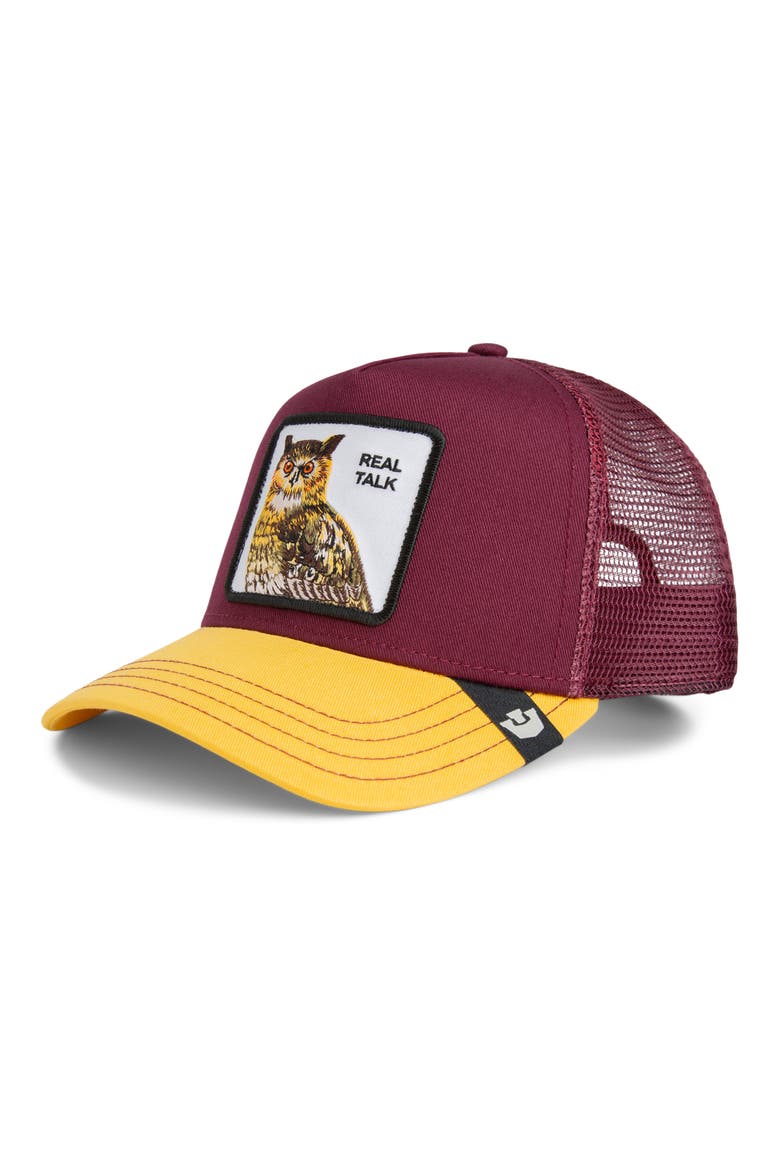 Real Talk Owl Patch Snapback Trucker Hat, Main, color, DESIRE / BEAM