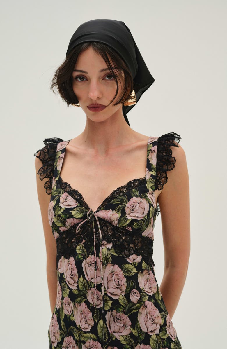 For Love & Lemons Fallen Rose Print Maxi Dress, Alternate, color, Black
