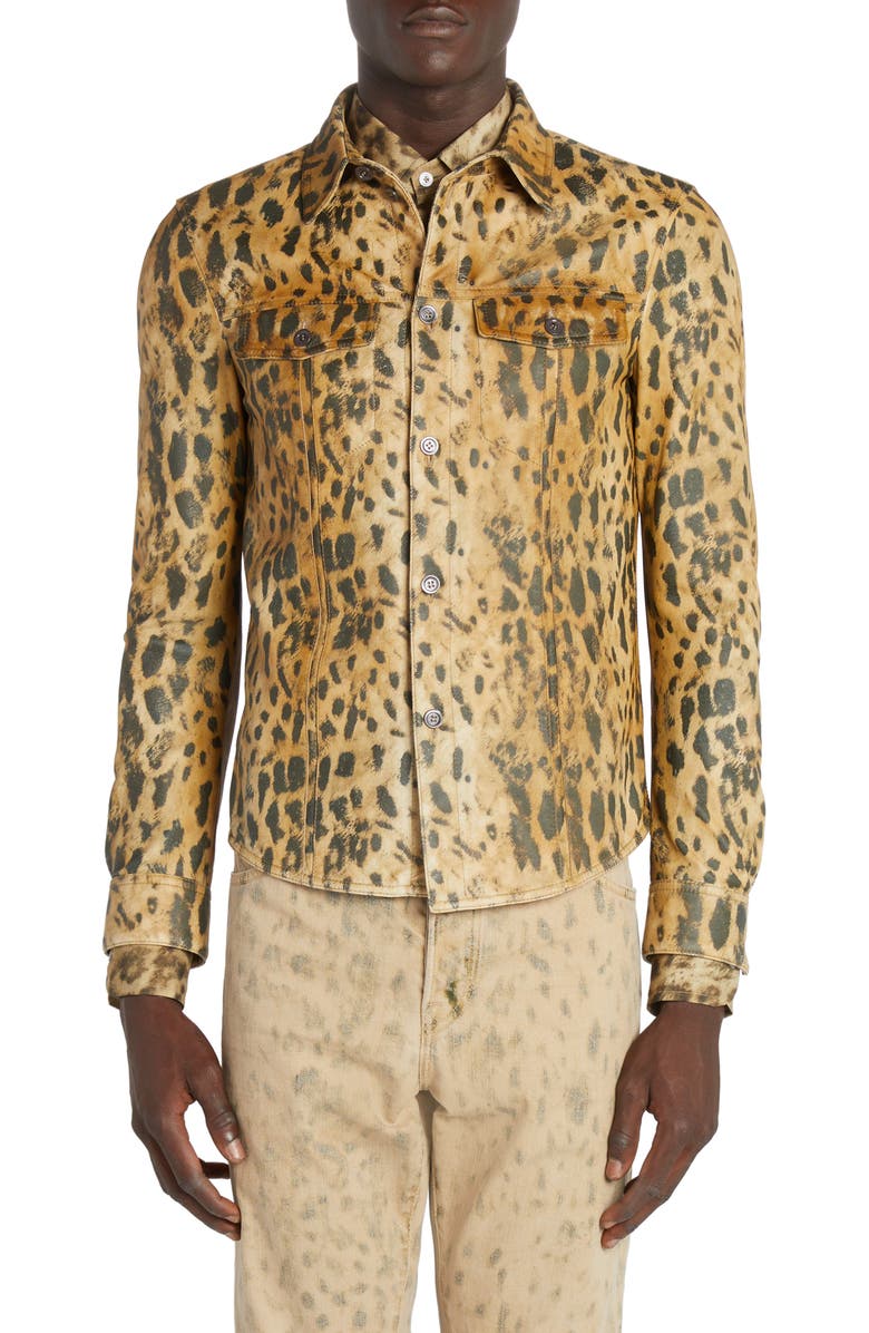 TOM FORD Leopard Print Leather Shirt Jacket, Main, color,