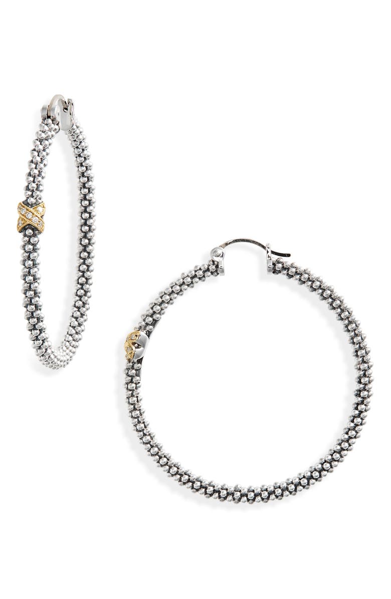LAGOS Caviar Two-Tone Slender Hoop Earrings, Main, color, Silver/ Gold