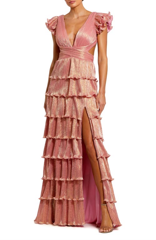 Mac Duggal Ruffle Tiered Criss Cross Lace Up Gown In Coral