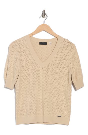 T Tahari Mitered Pointelle V-neck Short Sleeve Sweater In Blue