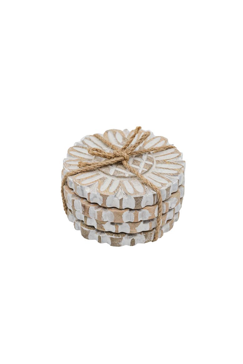 Set of 4 Floral Carved Coasters White Mango Wood & Jute, Main, color, White