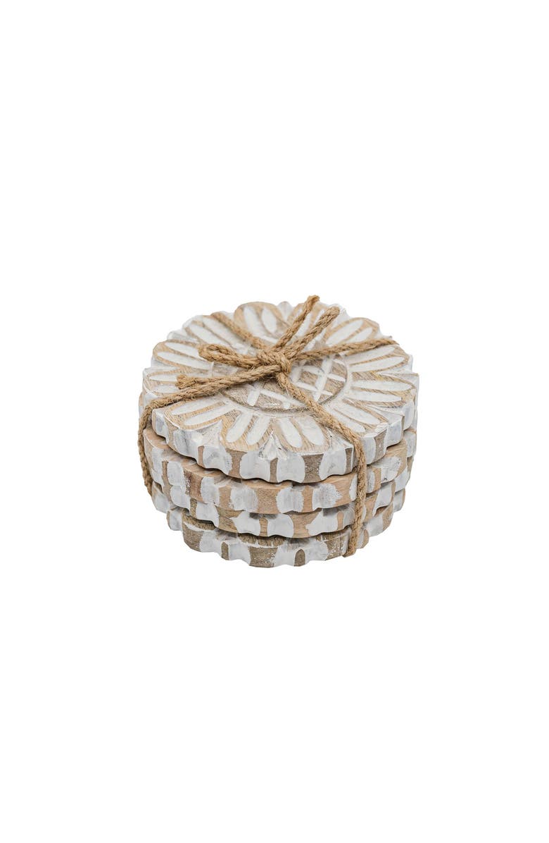 Foreside Home and Garden Set of 4 Floral Carved Coasters White Mango Wood & Jute, Main, color, White