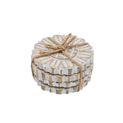 Set of 4 Floral Carved Coasters White Mango Wood & Jute