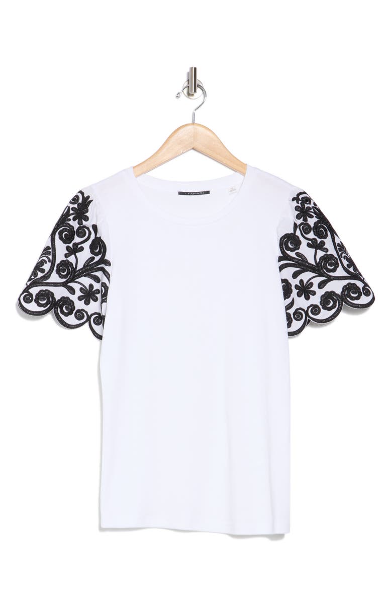 T Tahari Floral Embroidered Sleeve T-Shirt, Alternate, color, White/ Black