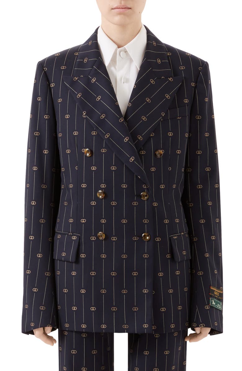 Gucci GG Double Breasted Wool & Silk Blazer, Main, color,