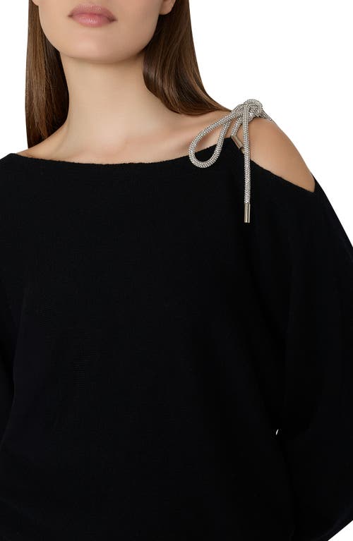 Milly Ida One-shoulder Crystal Tie Sweater In Black