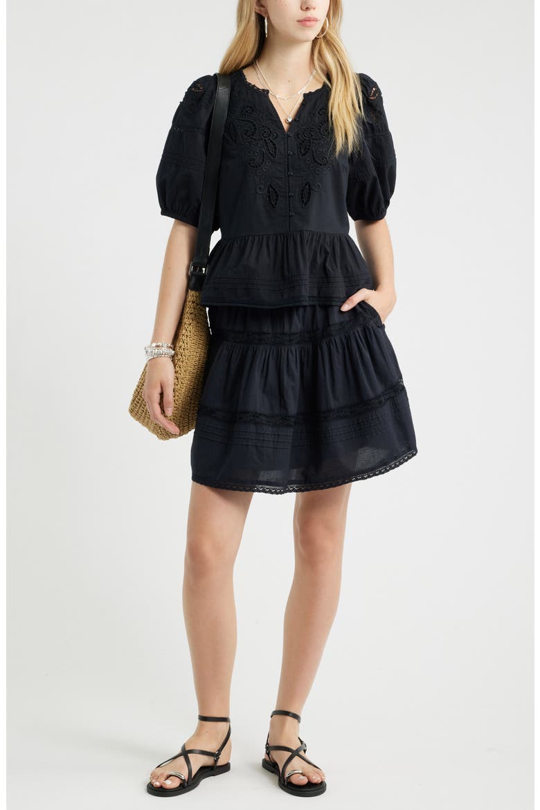 Cutwork Puff Sleeve Cotton Top, Alternate, color, BLACK