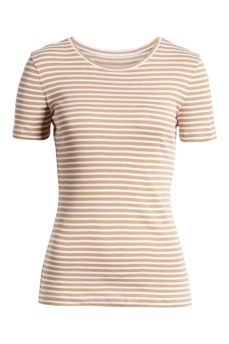Crewneck Cotton Blend Top, Alternate, color, TAN- WHITE STRIPE