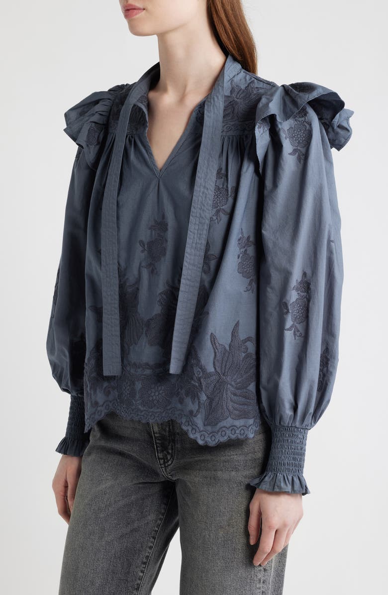 AllSaints Nisa Floral Embroidered Ruffle Top, Alternate, color, Steel Blue