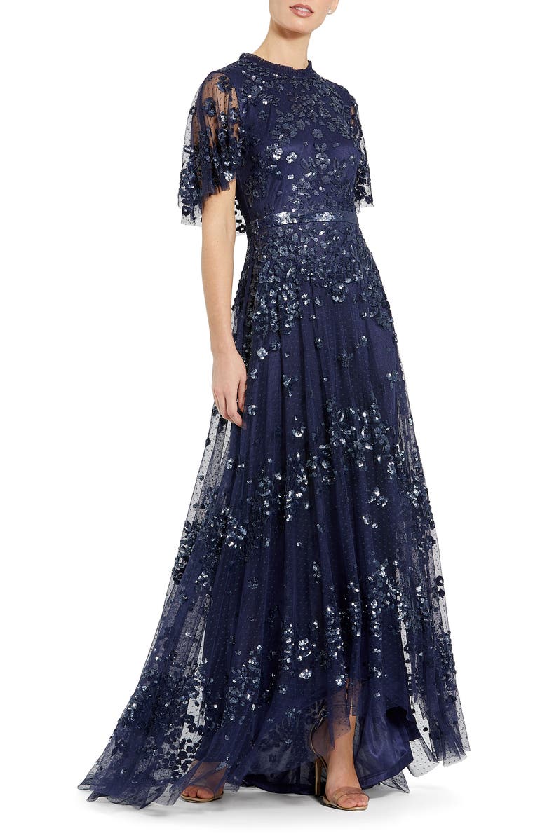 Mac Duggal Sequined High Neck Flutter Sleeve A Line Gown, Main, color, Midnight