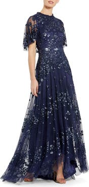 Mac Duggal Sequined High Neck Flutter Sleeve A Line Gown