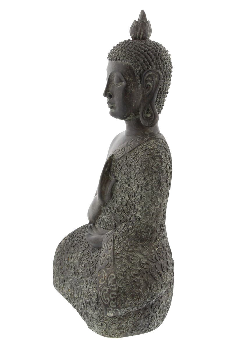 WILLOW ROW Brown Polystone Bohemian Buddha Sculpture with Engraved Carvings and Relief Detailing, Alternate, color,