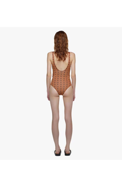 Mcm Monogram-print Cut-out Swimsuit In Cognac