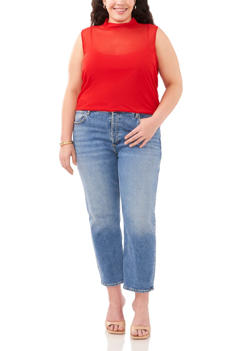 Vince Camuto Sleeveless Mock Neck Mesh Top, Alternate, color, Tulip Red