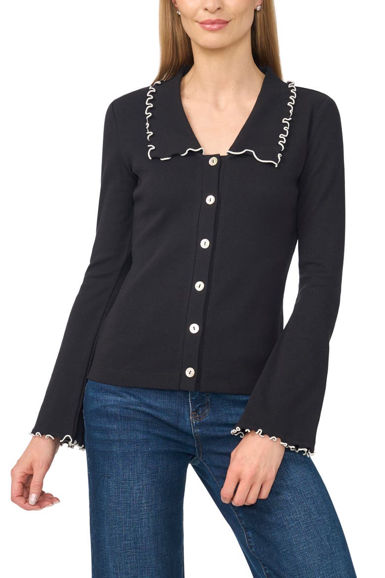 Lettuce Trim V-Neck Long Sleeve Ribbed Top, Main, color, RICH BLACK
