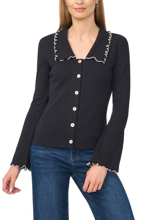Lettuce Trim V-Neck Long Sleeve Ribbed Top