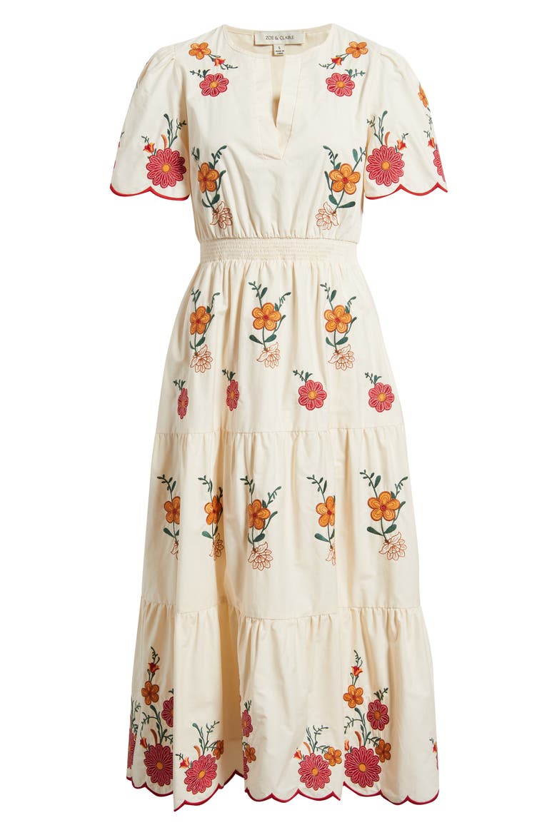 Embroidered Puff Sleeve Midi Dress, Alternate, color, RED MULTI
