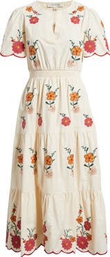 ZOE AND CLAIRE Embroidered Puff Sleeve Midi Dress