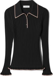 & Other Stories Tipped Ribbed Ruffle Trim Polo Sweater