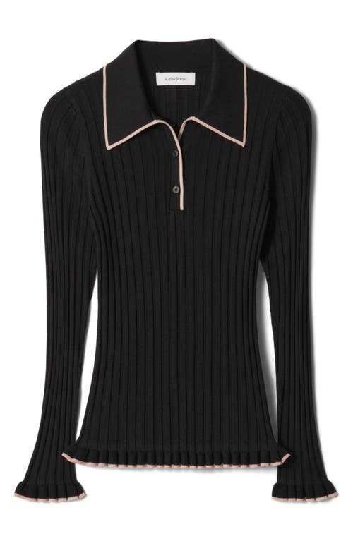 & Other Stories Tipped Ribbed Ruffle Trim Polo Sweater In Black