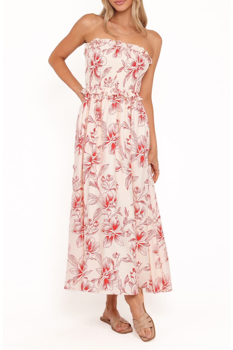 Aviana Floral Print Strapless Midi Dress, Main, color, RED FLORAL