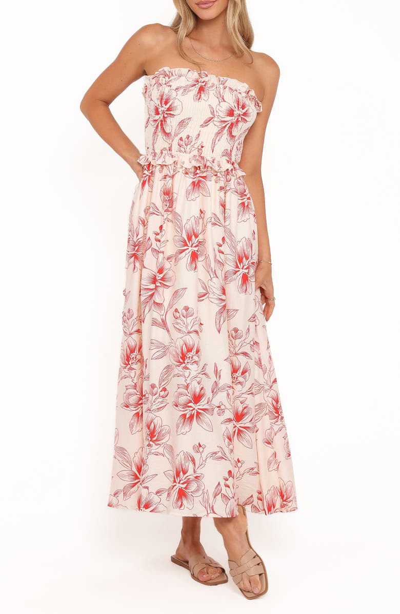 Petal & Pup Aviana Floral Print Strapless Midi Dress, Main, color, Red Floral