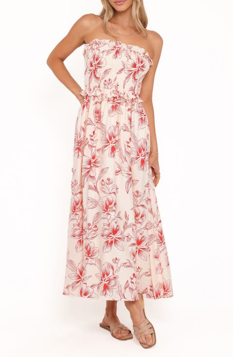Aviana Floral Print Strapless Midi Dress